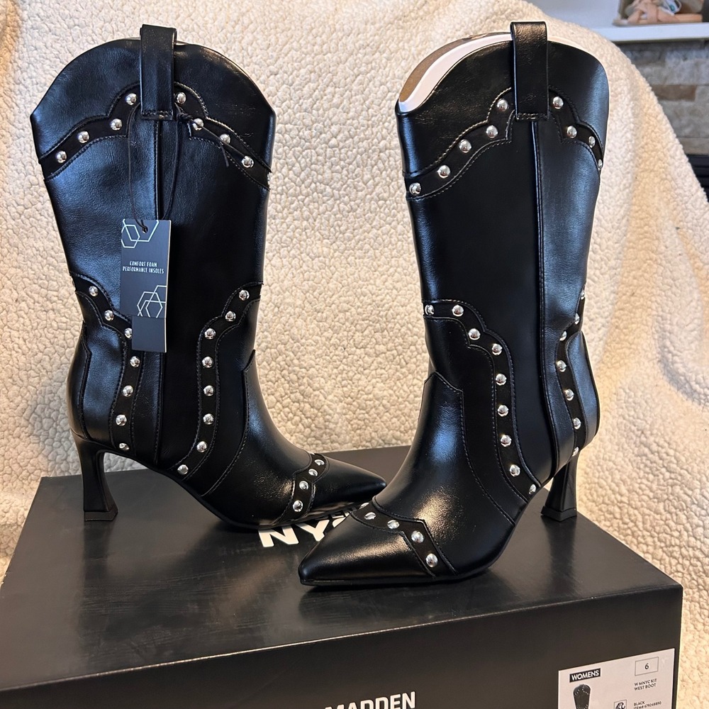 Madden NYC Kit West Black Studded Western Pointed Toe Kitten Heel Boots Size 6